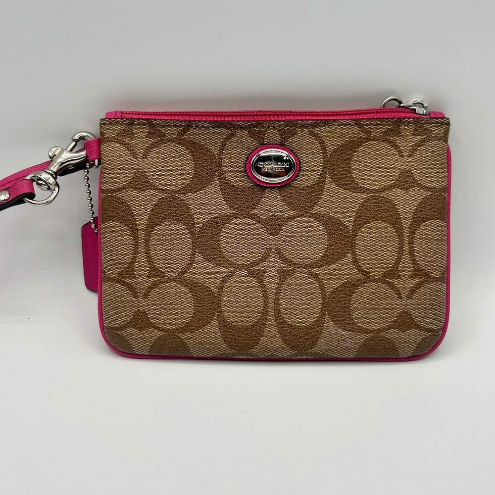 Coach‎ Signature Monogram Wristlet Brown Pink Coated Canvas Small Pouch